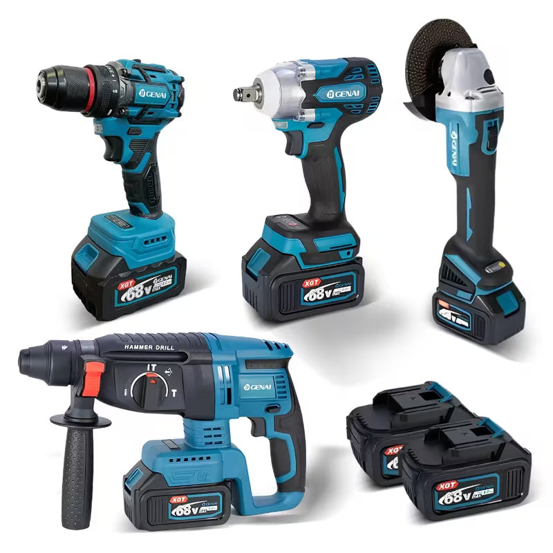 PROMOÇÃO - Kit 4 Em 1 Ferramentas Martelete Esmerilhadeira Lixadeira Parafusadeira Chave Impacto Com 2 Baterias 68v