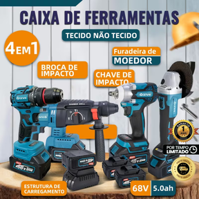PROMOÇÃO - Kit 4 Em 1 Ferramentas Martelete Esmerilhadeira Lixadeira Parafusadeira Chave Impacto Com 2 Baterias 68v