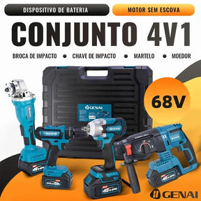 PROMOÇÃO - Kit 4 Em 1 Ferramentas Martelete Esmerilhadeira Lixadeira Parafusadeira Chave Impacto Com 2 Baterias 68v