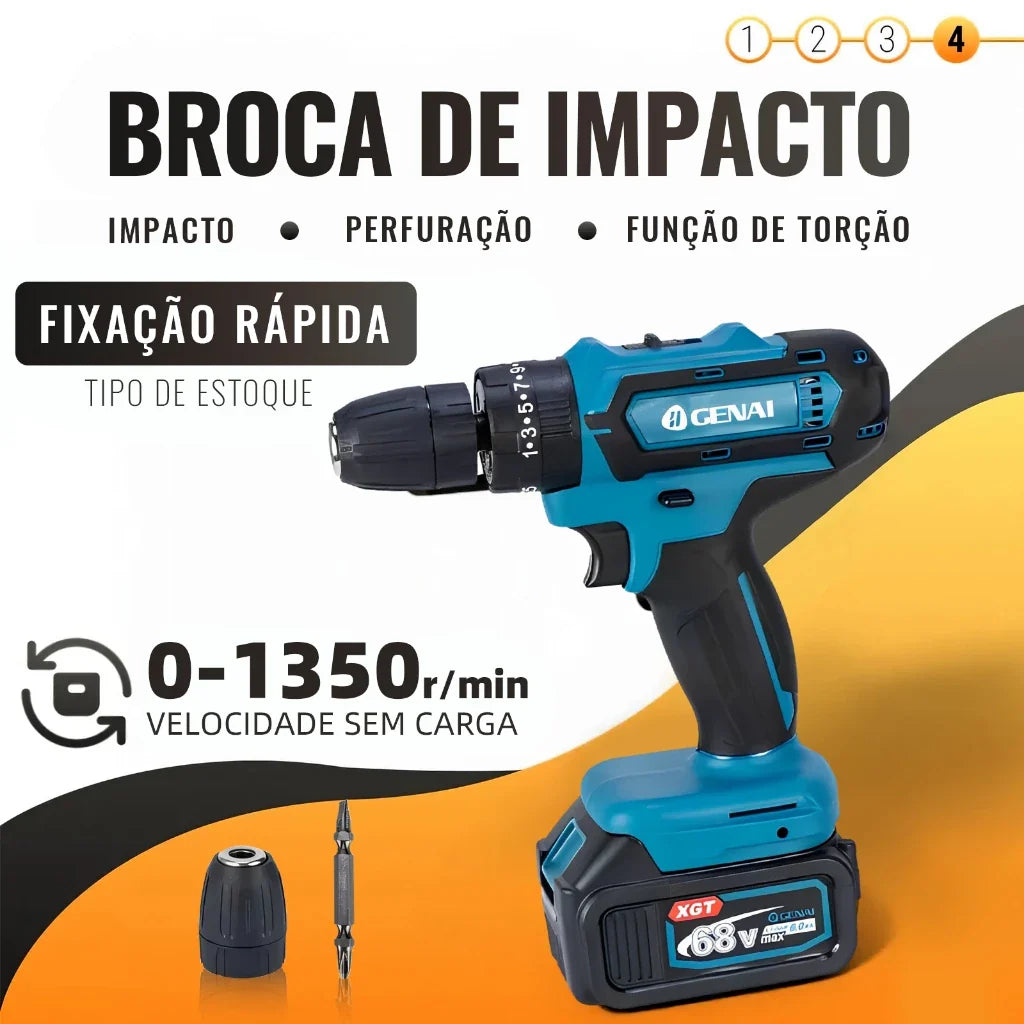 PROMOÇÃO - Kit 4 Em 1 Ferramentas Martelete Esmerilhadeira Lixadeira Parafusadeira Chave Impacto Com 2 Baterias 68v