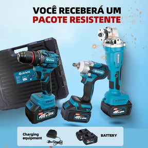 PROMOÇÃO - Kit 4 Em 1 Ferramentas Martelete Esmerilhadeira Lixadeira Parafusadeira Chave Impacto Com 2 Baterias 68v