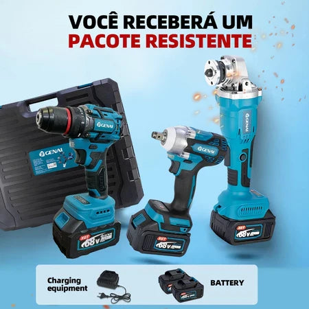 PROMOÇÃO - Kit 4 Em 1 Ferramentas Martelete Esmerilhadeira Lixadeira Parafusadeira Chave Impacto Com 2 Baterias 68v